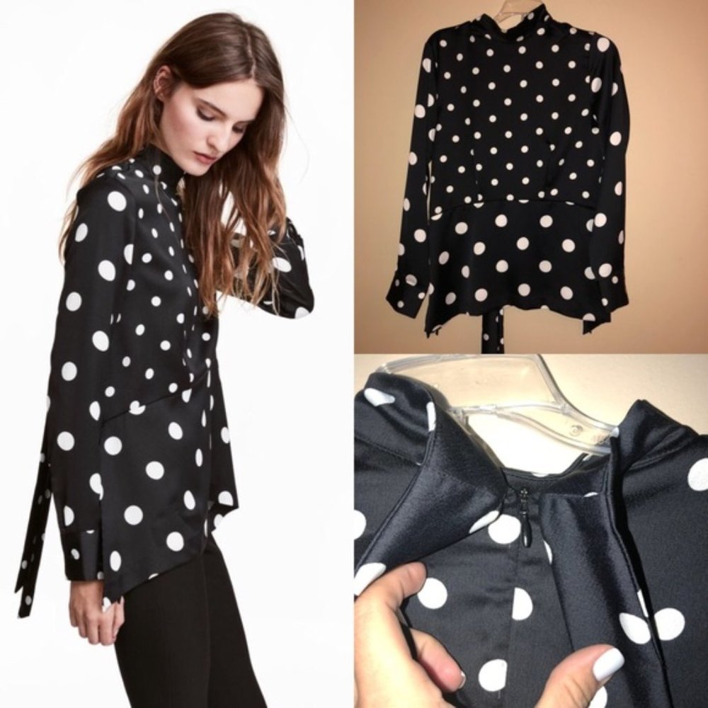 H&M black with with white Polk dot long sleeve blouse with a slicky look.